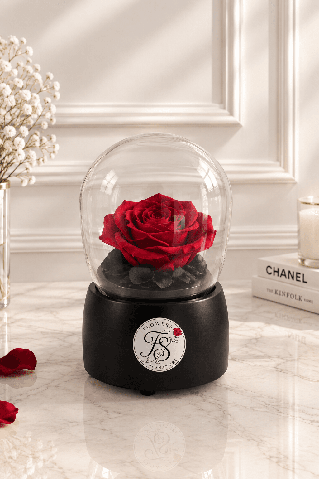 ROSE ROUGE ÉTERNELLE SOUS CLOCHE MUSICALE